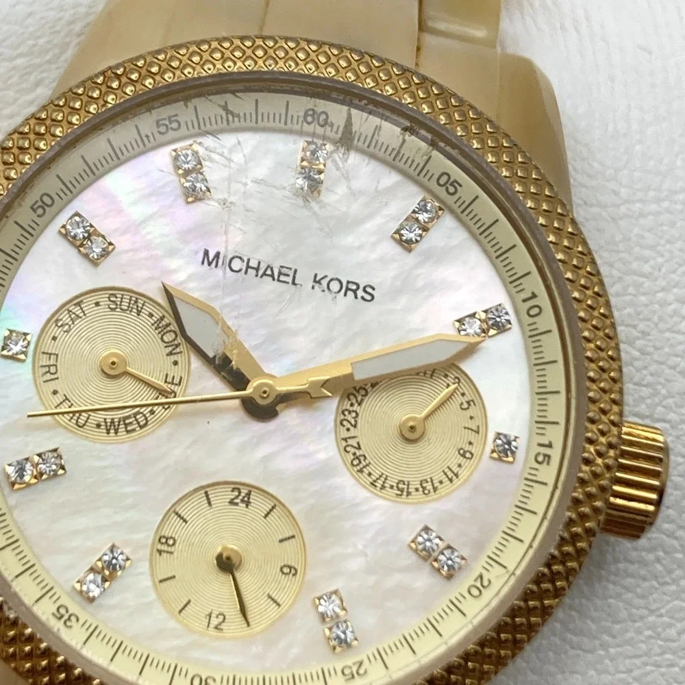 Michael Kors Women's Watch 33mm Gold Tone Acetate Day Date New Battery SMALL 6